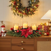 Alupssuc 28" Red Gold Christmas Centerpiece with 3 Candle Trays,1 Pcs | Candle Holders Trays,Dining Table Decoration with Baubles, Pine Cones, Red Berries, Spruce Branches, Flower for Christmas