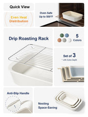 LE TAUCI Ceramic Casserole Dishes for Oven with 304 Racks, Set of 3, White | Rectangular Baking Dishes, 304 Stainless Racks, Oven Safe to 500°F (4.6/3.0/1.6 Qt, 15.7"/13.1"/10.3")