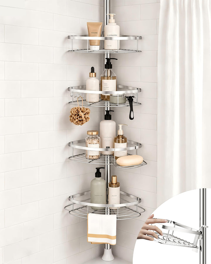 SEIRIONE Rustproof Corner Shower Caddy Tension Pole for Bathroom Organizers | Adjust Shelves in Seconds, Stainless Steel Baskets & Rods, 4-Tier Storage Shelves for Shampoo Holders, Fits 34–116 in, Silver