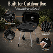 17.5-Inch Charcoal Kettle Grill with Wheels, 302 Sq In Grate | Porcelain-coated steel bowl, lid and grid with adjustable air dampers, rear wheels and bottom shelf for patio or tailgating.
