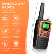 MOICO Walkie Talkies for Adults, 22 Channel Long Range FRS Two-Way Radios | 2 Pack, Compact Portable, LED Flashlight, VOX, LCD Display, Family Use, Hiking, Camping, Outdoor Trips, Cruise