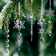 Crystal Christmas Tree Ornaments, Clear Acrylic Snowflake & Icicle, 18pcs | Faceted acrylic catches and reflects tree lights with icy sparkle, creating a crystal-like glow on snowflake & icicle shapes