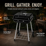 17.5-Inch Charcoal Kettle Grill with Wheels, 302 Sq In Grate | Porcelain-coated steel bowl, lid and grid with adjustable air dampers, rear wheels and bottom shelf for patio or tailgating.