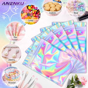 ANZNKU Holographic Bags 5x7 Mylar Bags Resealable 50PCS, Smell Proof Goodie Snack Candy Jewelry Gift Pouches for Small Business Party Favor Bead Storage, Small Plastic Baggies for Halloween Christmas