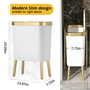 Procade 4 Gallon Bathroom Trash Can with Lid,Slim White and Gold Trash Bin | Bedroom Garbage can with Legs,Plastic Dog Proof Wastebaskets, Room Decor Bin for Kitchen,Office,Dorm,Laundry,Restroom,Rv