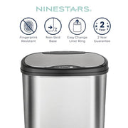 Ninestars 13 Gallon Oval Automatic Trash Can, 50L Touchless Motion Sensor Garbage Can with Odor-Sealing Lid & One-Touch Manual Mode, Silver Stainless Steel, Black Trim