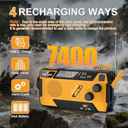 Hand Crank Emergency Radio 7400mWh (2000mAh) Solar Hand Crank Radio | Built in 3 Charging Cables AM/FM/NOAA Weather Radio Battery Operated Hand Crank Charger for Emergency Supplies Survival Gear