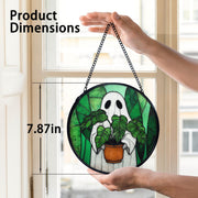 TNUW Halloween Ghost Plant Stained Glass Window Hanging, Ghost Halloween Sun Catchers Indoor Window Glass Round Wall Art Decor, Gifts for Plant Lovers Wall Hanging Decorations, 7.9＂x7.9＂