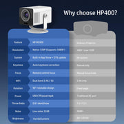 HP Projector Built-in Apps, USB-C Power Bank Compatible for Outdoor MC400 | Portable Mini Projector with WiFi 6 and Bluetooth 5.4, 1080P/4K Supported, Auto Keystone & 90° Rotatable, Smart Android TV OS