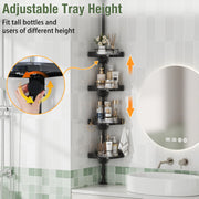shuang qing 360° Rotating Corner Shower Caddy Tension Pole Organizer, Black | 4-Tier rotating shelves with hooks, adjustable tray height, upgraded rustproof metal pole, removable trays for shower storage