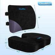 CloudBliss Ergonomic Seat Cushion & Lumbar Support Pillow Set, Black,Large | Back Pain, Sciatica Relief, Memory Foam Support, Adjustable Straps, Machine Washable Velvet, Perfect for Office, Car, Gaming