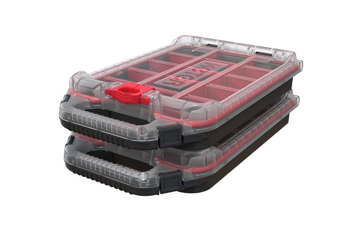 Keter Stack N' Roll 2 Pack Half Organizer Storage Box | Adjustable Dividers, Transparent Lid, IP54 Water Resistant Parts Organizer, Modular Tool Storage System
