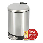 Glad Small Trash Can, 1.2 Gallon | Round Stainless Steel Garbage Bin with Soft Close Lid & Step Foot Pedal | Metal Waste Basket with Removable Inner Bucket, Stainless, 8 x 9.5 x 12 inches