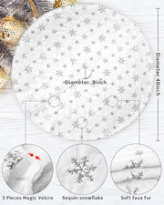 COOLWUFAN 48 Inches Faux Fur Christmas Tree Skirt, Silver Sequin Snowflake | White Christmas Tree Skirt Decor for Holiday Parties and Seasonal Home Decorating