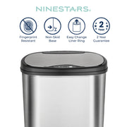 Ninestars 13 Gallon Oval Automatic Trash Can, 50L Touchless Motion Sensor Garbage Can with Odor-Sealing Lid & One-Touch Manual Mode, Silver Stainless Steel, Black Trim