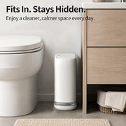 Purexa Small Bathroom Trash Can with Lid, 2.3 Gallon Slim Trash Can, Narrow Garbage Can with Hidden Liner & Auto-Smooth Bag Fit, Press-to-Open Lid, White, for Bathroom, Bedroom, Office, Kitchen