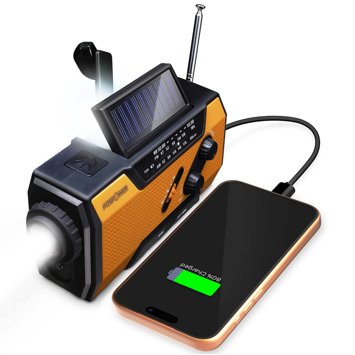 FosPower NOAA Emergency Weather Radio A1 7400mWh Solar Hand Crank (Orange) | AM/FM/WB power bank 4 power options SOS alarm LED flashlight & 4 LED reading light for outdoor emergency & power outage use.