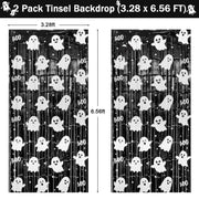 2 Pack Halloween Fringe Curtains, Ghost Foil Tinsel Backdrop | Metallic Foil, 3.28 x 6.56 FT Halloween Tinsel Backdrop Photo Booth Props Streamer for Halloween Decorations