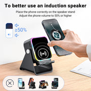 Induction Speaker with Phone Stand 5 in 1 Wireless Bluetooth Audio Black | Phone Speaker Amplifier for iPhone & Android with RGB Light and USB Wired Charging, Birthday Gift for Men Women Teens