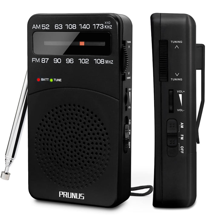 PRUNUS J-166 Portable Radio AM FM, Battery Operated Radio | Tuning Light, Back Clip, Layard, Excellent Reception, AM FM Radios Portable, Transistor Radios