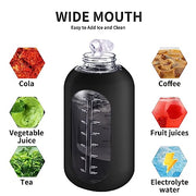 CIVAGO 64 oz Glass Water Bottle with Straw, Half Gallon Large Water Jug | Motivational, Time Marker, Leakproof Lids, Wide Mouth, Flask Cup with Handle and Silicone Sleeve, for Juices, Black