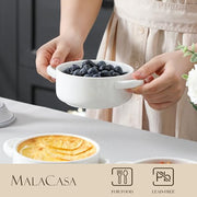 MALACASA Mini Cocotte Set of 4, 14 OZ Ceramic Casserole Dishes with Lids | Single Serving Small Dutch Oven Set, Lasagna, Soufflé, French Onion Soup, Pudding, Oven, Dishwasher Safe with Handles, White