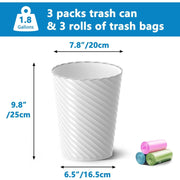 Lysam Bathroom Trash Can 3 Pack, 1.8 Gallon Small Trash Can with Trash Bags | Garbage Can for Bedroom Living Room, Open-Top|Sturdy Bin Indoor, Round Waste Basket for Office|Studio, Compact Spaces (White)