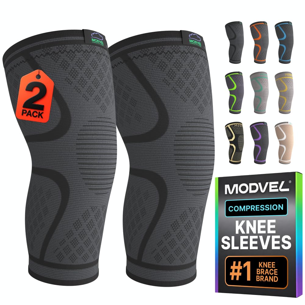 Modvel Compression Knee Brace for Women & Men - 2 Pack Knee Brace for Running Knee Pain, Knee Support Compression Sleeve, Workout Sports Knee Braces for Meniscus Tear ACL & Arthritis Pain Relief