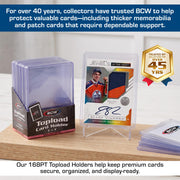 BCW 168 Pt Thick Card Topload Holders for Relic and Patch Cards, 10 Count | Rigid clear PVC holders fit relic, patch, jersey, and memorabilia cards up to 168 pt for storage, display, and transport.