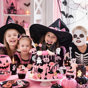 30Pcs Happy Halloween Cake Toppers & Cupcake Toppers for Birthday Party | Pink Halloween Cake Decorations Set with Mini Pumpkins, Witch Hat, Cauldron, Ghost, Flowers and Trees