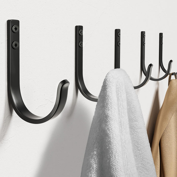 Josmimic 22LB Wall Hooks for Hanging Towel/Coat, Black 5 Pack | Screw in Metal Hanger Wall Mount, for Outdoor, Closet, Door, Bathrooms, for Backpack, Robe