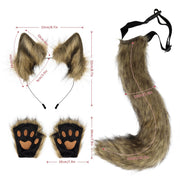 HAOAN Faux Fur Wolf Ears Headband Fox Tail and Paw Gloves Set Cosplay Halloween Costume Accessories