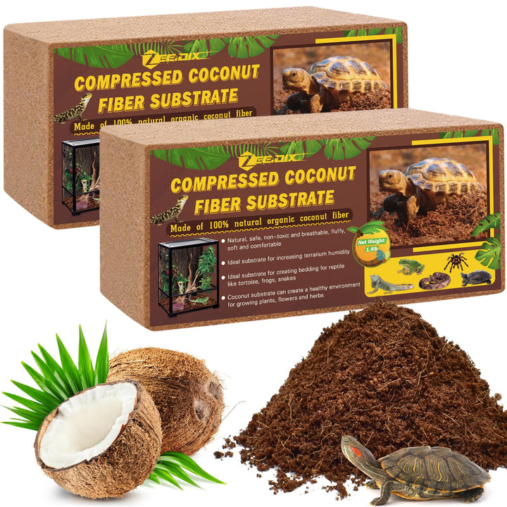 ZeeDix 2 Pack Coconut Fiber Substrate, Premium Coco Coir Reptile Substrate | 100% Coconut Husk Terrarium Bedding for Reptiles, Tortoise, Bearded Dragon, Gecko, Snake, Hermit Crabs, Frogs, Tarantula