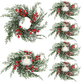Serlvan 6 Pcs Christmas Candle Rings Wreath Artificial Candle Rings with Red Berry, Snowy Pine Garland Candle Ring Holder for Christmas Decorations Table Centerpiece