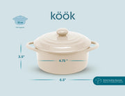 Kook Mini Cocotte, Lids, Handles, Dutch Oven, Set of 4, 12 oz, Ivory | Individual Baking Ramekins, Microwave Dishwasher Safe Stoneware, Small, Bread, Sourdough, Souffle, Casserole