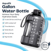 AQUAFIT 1 Gallon Water Bottle with Time Marker | BPA Free 128 oz Water Bottle with Straw and Chug Lids - Leakproof Gym Water Bottle with Carry Handle (Gray)