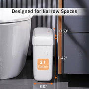 Small Bathroom Trash Can with Lid 2.6 Gallon Garbage Can with 20 Trash Bags | Press Top Lid, Dog Proof, Slim for Small Space, Premium Plastic, Easy to Use Waste Basket for Room, Office, Toilet, Rv, White