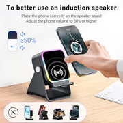 Induction Speaker with Phone Stand 5 in 1 Wireless Bluetooth Audio Black | Phone Speaker Amplifier for iPhone & Android with RGB Light and USB Wired Charging, Birthday Gift for Men Women Teens