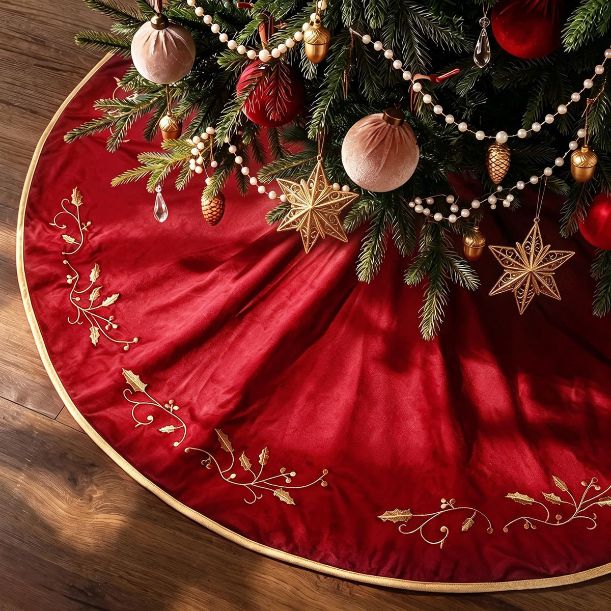 Bunny Chorus Christmas Tree Skirt, 48 inches Red Luxury Velvet Plush Fur Skirts with Gold Embroidered Holly Leaf for Rustic Xmas Tree Holiday Decorations