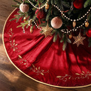 Bunny Chorus Christmas Tree Skirt, 48 inches Red Luxury Velvet Plush Fur Skirts with Gold Embroidered Holly Leaf for Rustic Xmas Tree Holiday Decorations