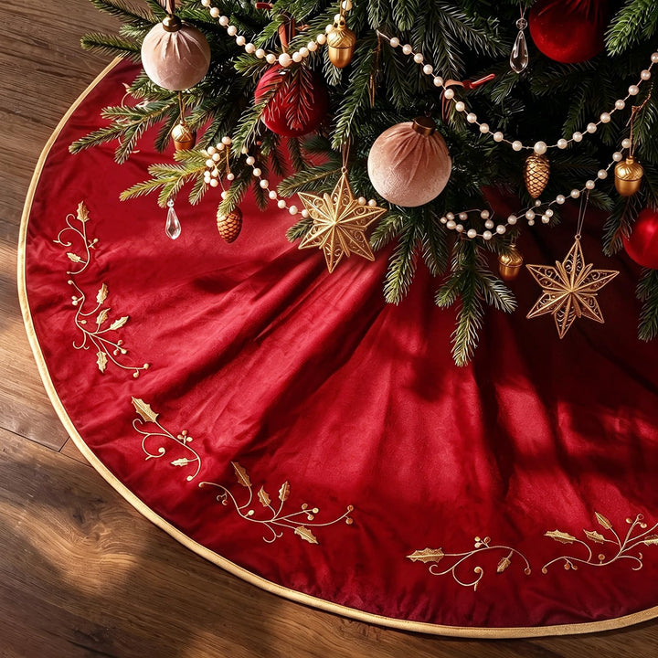 Bunny Chorus Christmas Tree Skirt, 48 inches Red Luxury Velvet Plush Fur Skirts with Gold Embroidered Holly Leaf for Rustic Xmas Tree Holiday Decorations