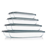 KOMUEE 8 Pieces Glass Baking Dish with Lids, Gray | Rectangular Glass Baking Pan, Bakeware Set with Lids for Lasagna, Leftovers, Cooking, Fridge-to-Oven, Casserole Dish