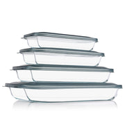 KOMUEE 8 Pieces Glass Baking Dish with Lids, Gray | Rectangular Glass Baking Pan, Bakeware Set with Lids for Lasagna, Leftovers, Cooking, Fridge-to-Oven, Casserole Dish
