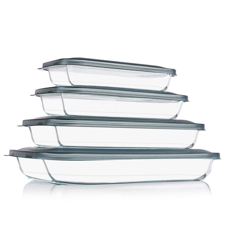 KOMUEE 8 Pieces Glass Baking Dish with Lids, Gray | Rectangular Glass Baking Pan, Bakeware Set with Lids for Lasagna, Leftovers, Cooking, Fridge-to-Oven, Casserole Dish