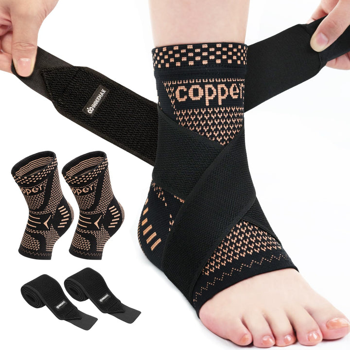 INDEEMAX Ankle Brace for Women & Men, Ankle Compression Sleeve Support Copper Infused Ankle Brace for Sprained Ankle, Plantar Fasciitis Sports, Achilles Tendonitis Pain Relief, Copper Black, M, 2 Pack