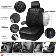CAR PASS 5 Seats Piping Luxury Faux Leather Seat Covers Full Set, Anti-Slip Waterproof Seat Covers Compatible with Front Armrests, Universal Fit for Suvs,Vans,Trucks,Airbag Compatible, Pure Black