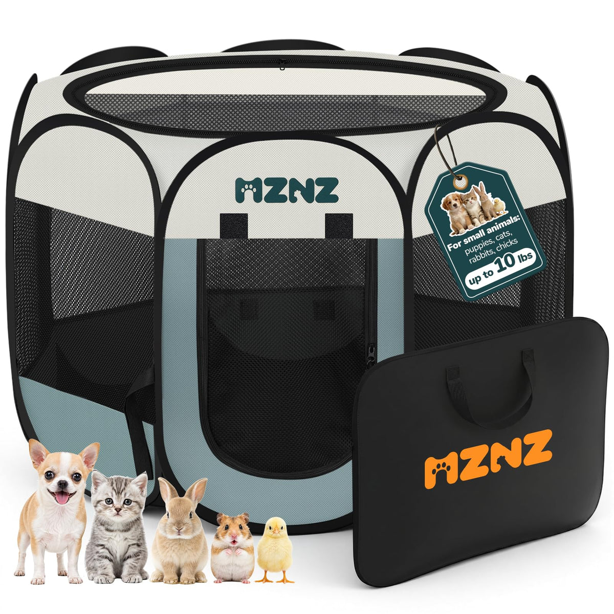 MZNZ Dog Playpen, Portable Cat Playpen Crate Indoor for Dogs Cats Rabbits, Foldable Small Animal Guinea Pigs Bunny Cage Enclosure for Outdoor, Pop Up Dogs Cats Tent Kennel with Carrying Case, Grey
