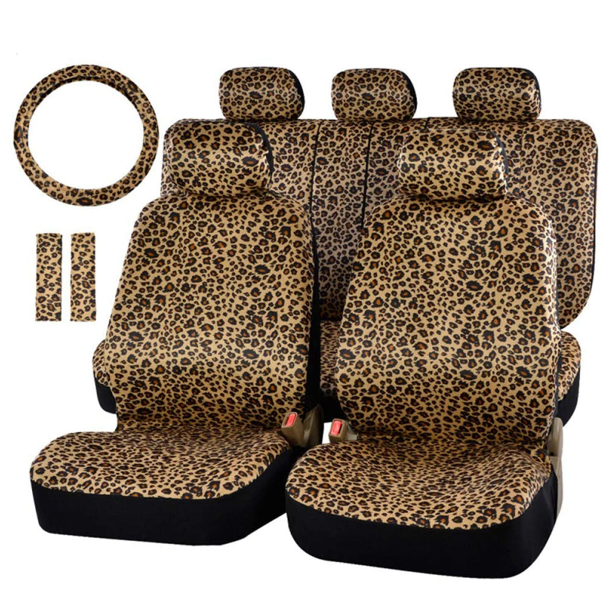 AUTOFAN Leopard Car Seat Covers Full Set with Steering Wheel Cover 2 Seat Belt Pads, Cheetah Print Seat Covers for Cars for Women,Airbag Compatible,Universal Fits for Cars,SUV,Truck