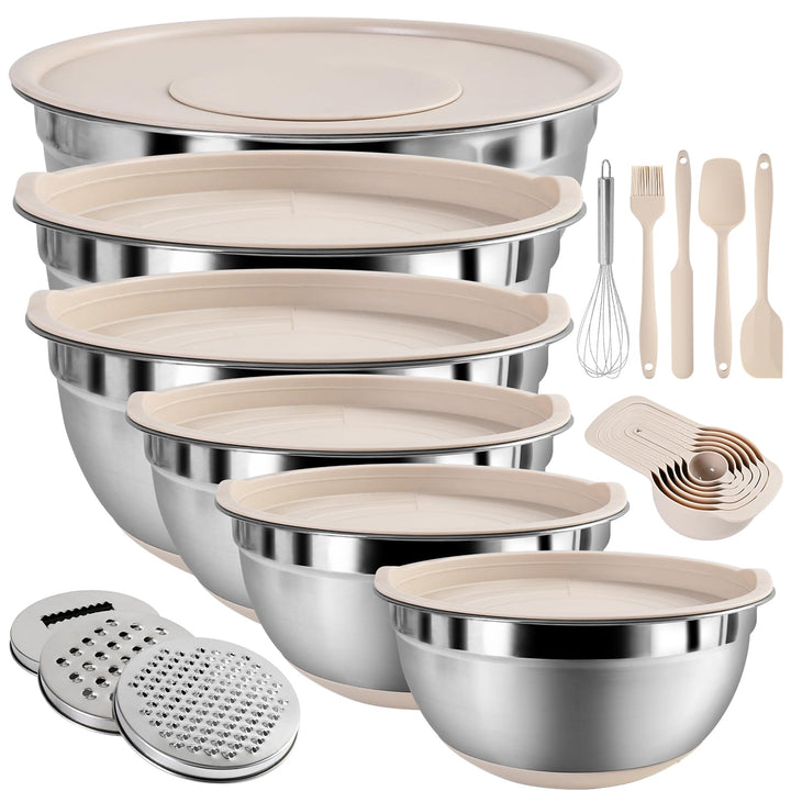 Mixing Bowls with Airtight Lids Set, Non-Slip Silicone Bottoms, Khaki | Stainless Steel 6 Bowls(4.5QT,4QT,3.5QT,2.1QT,1.5QT,1.1QT), 3 Grater Attachments for Baking Serving