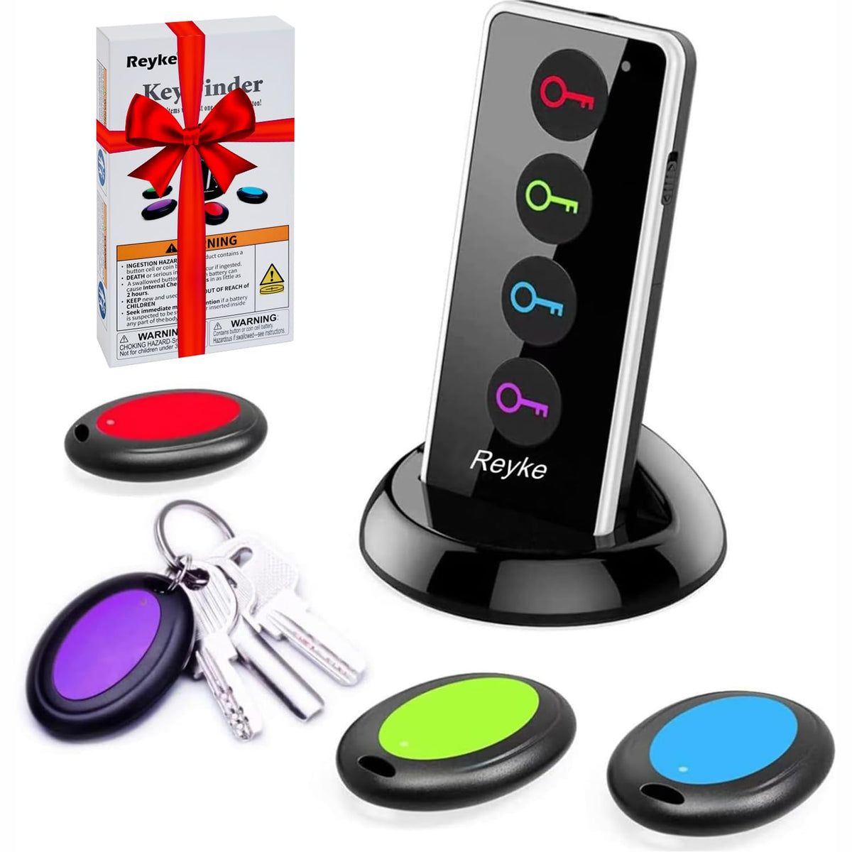 Reyke Key Finder with Sound, 131ft RF Remote Finder, 4 Receivers | 80dB+ RF Remote Control Finder With 1 Transmitter and 4 Receivers for Keys, Wallets, Phones, Glasses and Pet Collars